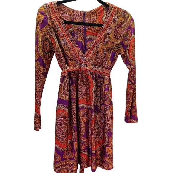 Vtg 60s 70s Saks Fifth Ave Psychedelic Paisley Mini Dress Purple Orange Small - Picture 1 of 8